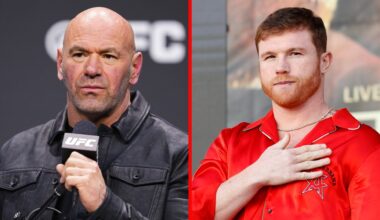 Split image of Dana White on stage at a UFC press conference and Canelo Alvarez during a ceremonail weigh-in