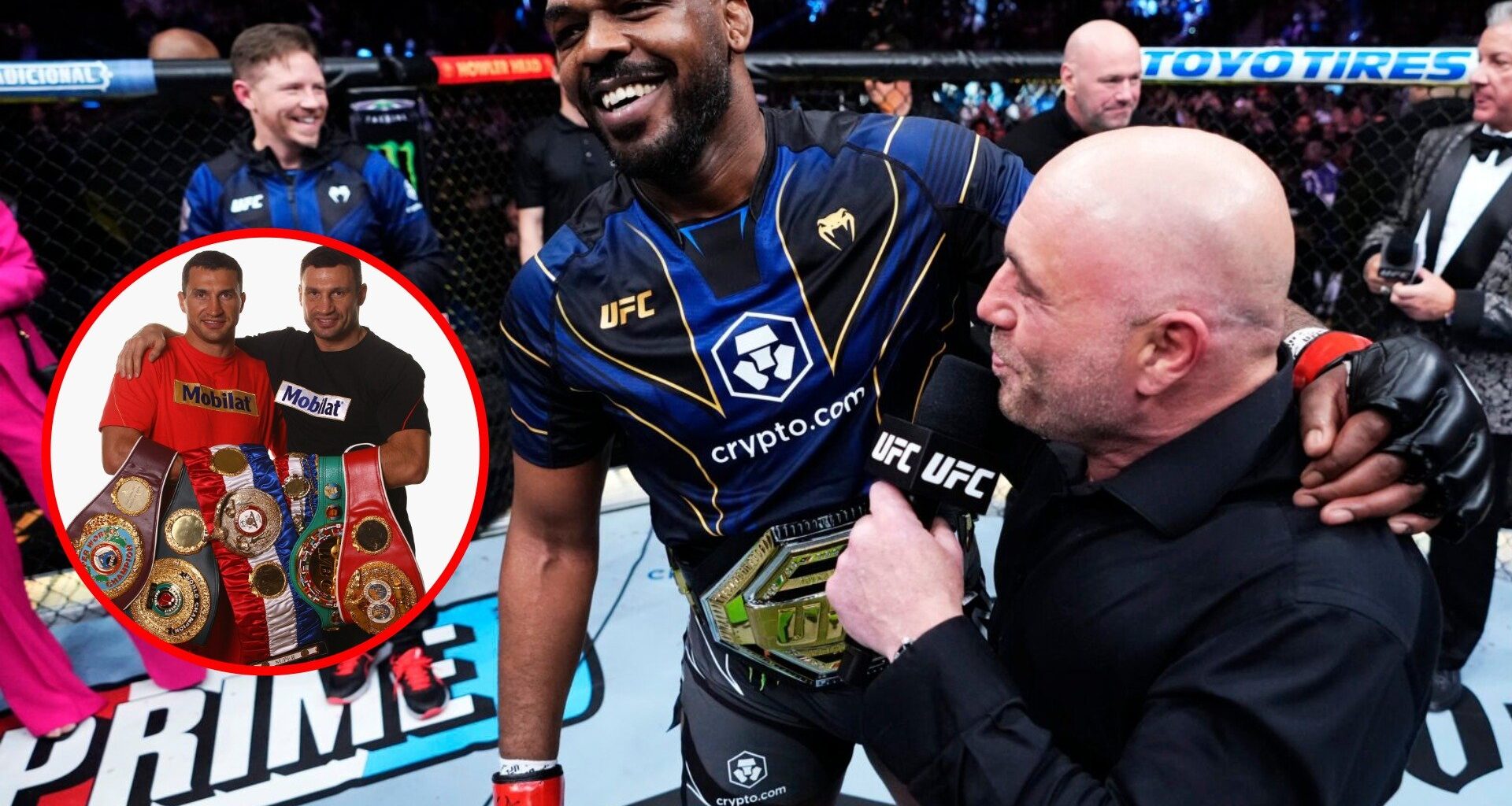 Main: Jon Jones speaks to Joe Rogan inside the cage after his title win over Ciryl Gane at UFC 285. Inset: Vitaly and Wladimir Klitschko pose with ...