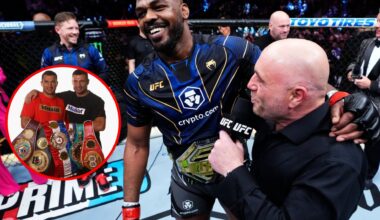 Main: Jon Jones speaks to Joe Rogan inside the cage after his title win over Ciryl Gane at UFC 285. Inset: Vitaly and Wladimir Klitschko pose with ...