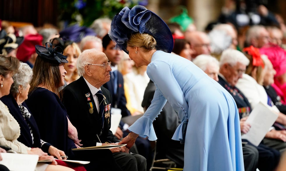 london, england may 8: sophie, duchess of edinburgh speaks with veterans and guests attending a service of thanksgiving at westminster abbey in london on the 80th anniversary of ve day on may 8, 2025 in london, england. the king and queen, joined by members of the royal family, will take part in events from may 5th to may 8th to commemorate the 80th anniversary of ve day, which signalled the end of the second world war in europe. (photo by jordan pettitt wpa pool/getty images)
