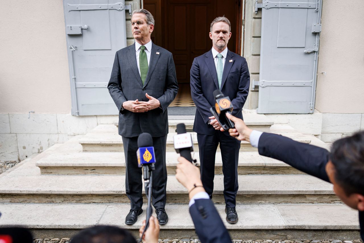 US Treasury Secretary Scott Bessent, left, and US Trade Representative Jamieson Greer speak to the media after talks between senior US and Chinese officials ended on Sunday.