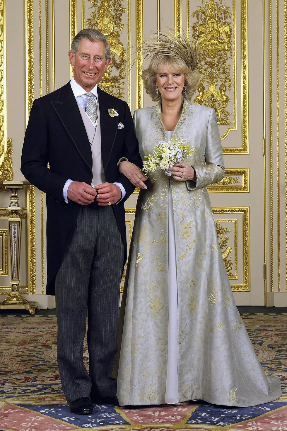 prince charles and the duchess of cornwall, camilla parker bowles pose in the white drawing room for the official wedding photo