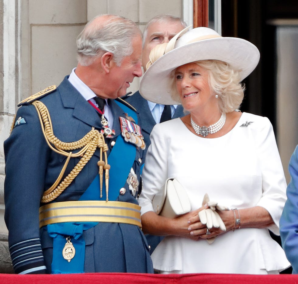 prince charles, prince of wales and camilla, duchess of cornwall watch a flypast to mark the centenary of the royal air force