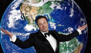 Tech entrepreneur in tuxedo spreading arms before a full-Earth backdrop, symbolizing Starlink’s free global satellite service for compatible smartphones launching July 2025
