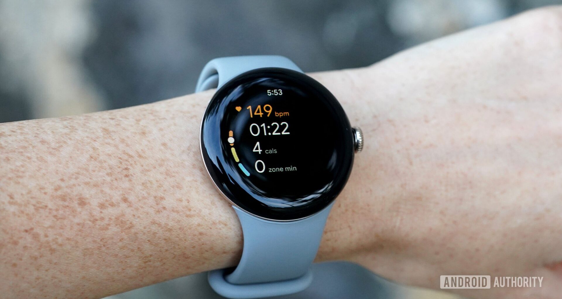 A Google Pixel Watch 2 displays a user's heart rate zones during a workout.