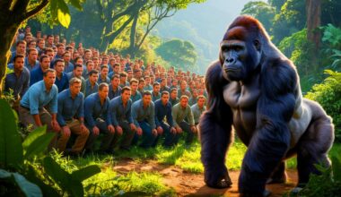 Illustration of 100 men facing a gorilla in a hypothetical showdown (AI-generated, unrealistic). Credit: Ideogram.
