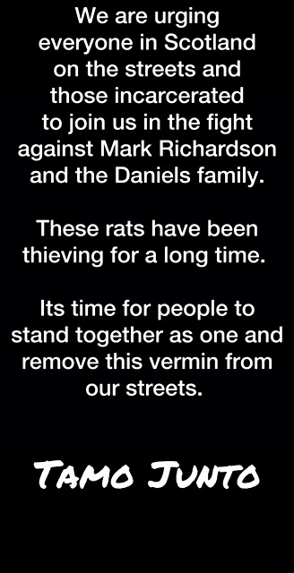 Image of text urging people in Scotland to fight against Mark Richardson and the Daniels family.