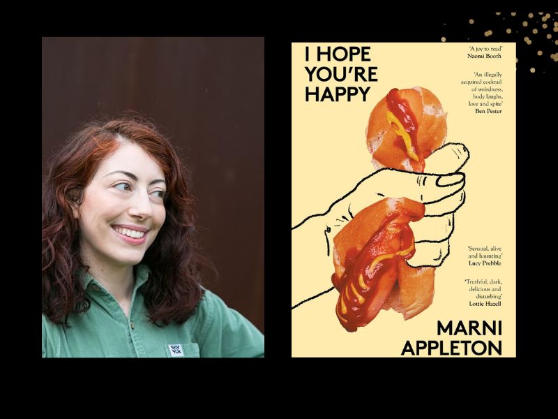 Two panels. On the left is of a woman with brown wavy hair wearing a green top. She's looking to the right. On the left is the cover of a book 'I HOPE YOU'RE HAPPY'. It features an illustration of a hand squashing a hotdog.