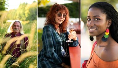 A collage of three portraits: an older man with long gray hair in a field, a woman with red hair holding a wine glass, and a smiling woman with long braids wearing colorful earrings and an orange top.