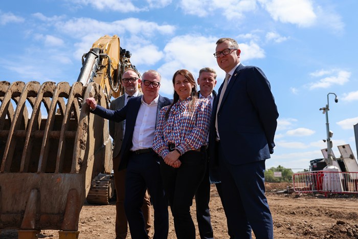 From left: Chris Miller, Director of Development at Midland Heart, Richard Parker, Mayor of the West Midlands, Donna Mara, Executive Assistant at McAuliffe, Matt Moore, CEO of Morro Partnerships, and Joe Reeves, Deputy Chief Executive at Midland Heart
