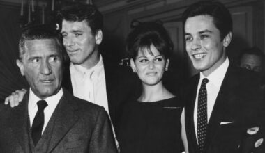 From left, actors Paolo Stoppa, Burt Lancaster, Claudia Cardinale and Alain Delon at a press conference for the Luchino Visconti film ‘The Leopard’ (‘Il Gattopardo’) at Rome’s Excelsior hotel on May 4 1962