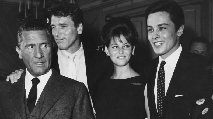 From left, actors Paolo Stoppa, Burt Lancaster, Claudia Cardinale and Alain Delon at a press conference for the Luchino Visconti film ‘The Leopard’ (‘Il Gattopardo’) at Rome’s Excelsior hotel on May 4 1962