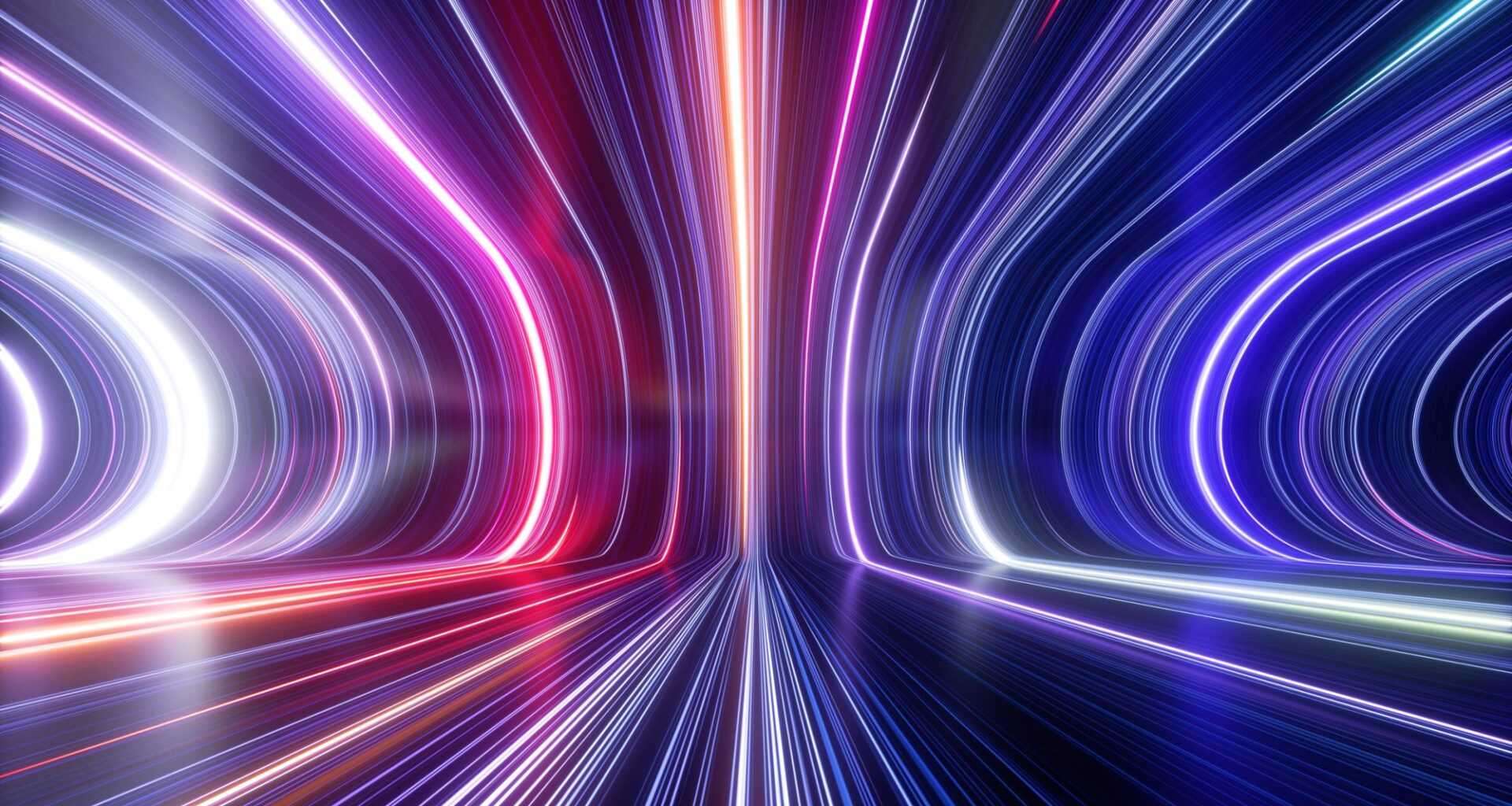 3d rendering, abstract cosmic background, ultra violet neon rays, glowing lines, cyber network, speed of light, space-time continuum