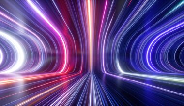 3d rendering, abstract cosmic background, ultra violet neon rays, glowing lines, cyber network, speed of light, space-time continuum