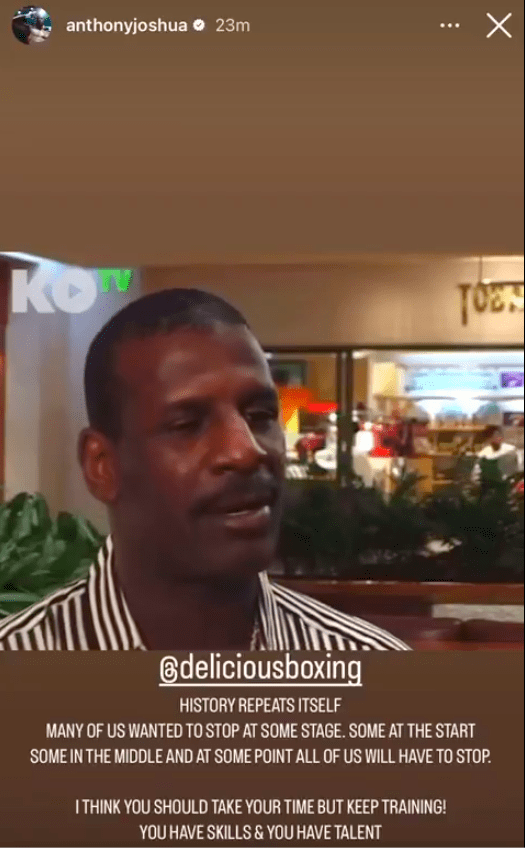 Screenshot of a video showing a man speaking, with text overlay that reads, "History repeats itself. Many of us wanted to stop at some stage... I think you should take your time but keep training! You have skills & you have talent."