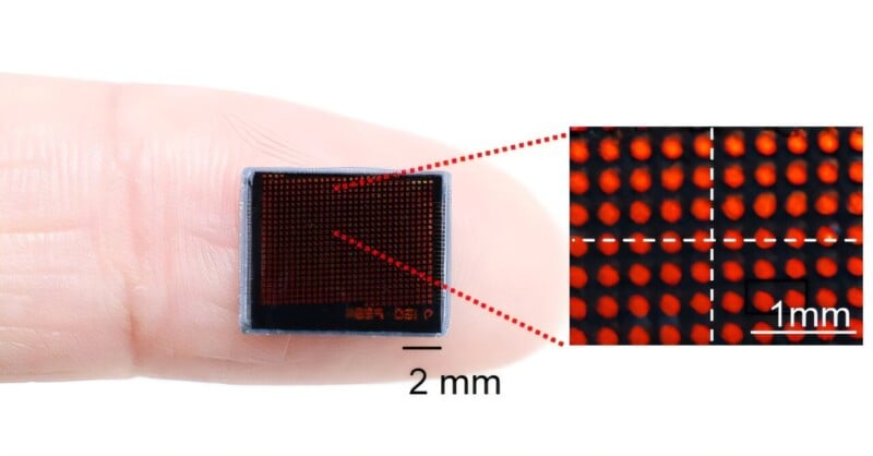 A tiny microchip with a grid of red dots rests on the tip of a finger, with a magnified section showing the grid pattern in detail and a scale marking 2 mm and 1 mm.
