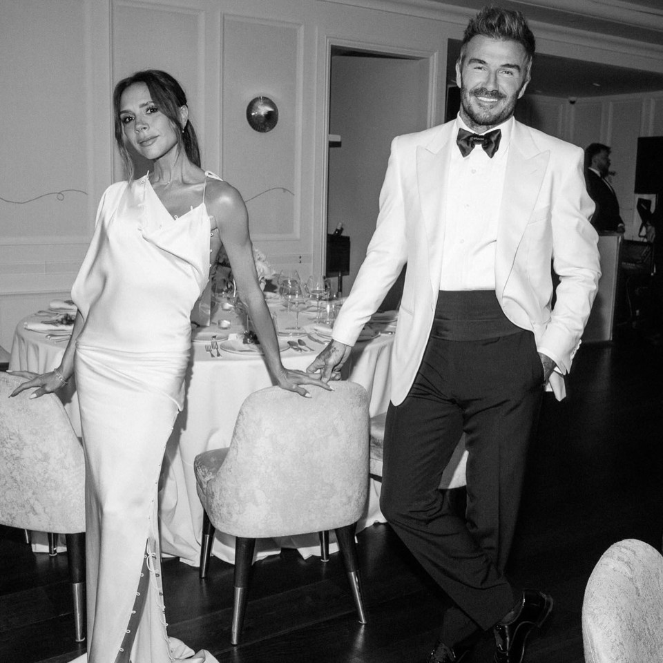 Black and white photo of David and Victoria Beckham at a party.
