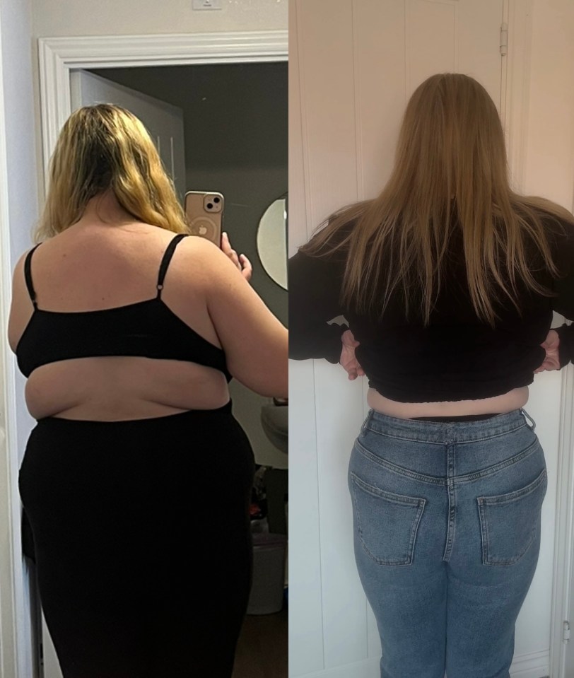Before and after photos showing a woman's weight loss.