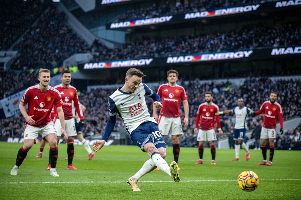 James Maddison of Tottenham Hotspur scoring a goal.