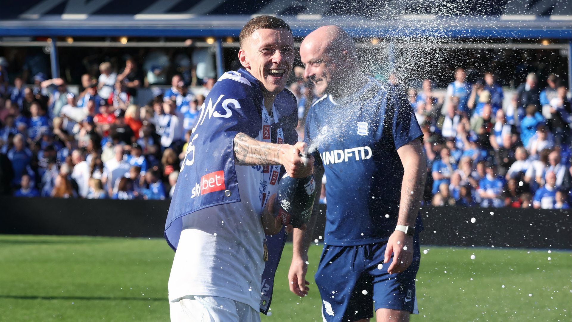 Jay Stansfield celebrates Birmingham City's title-winning success