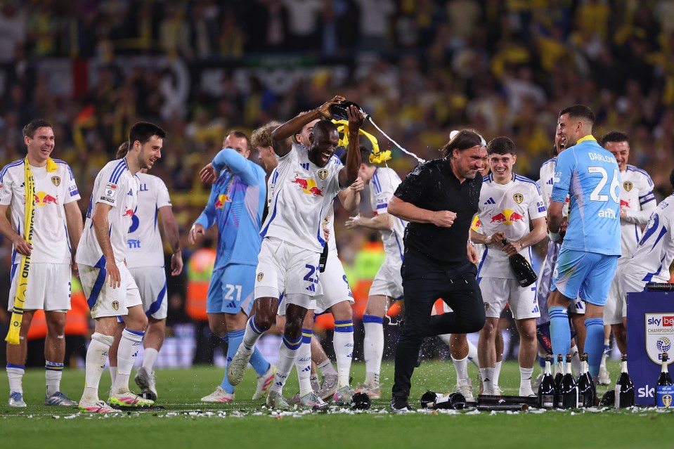 Leeds United players celebrating promotion to the Premier League.