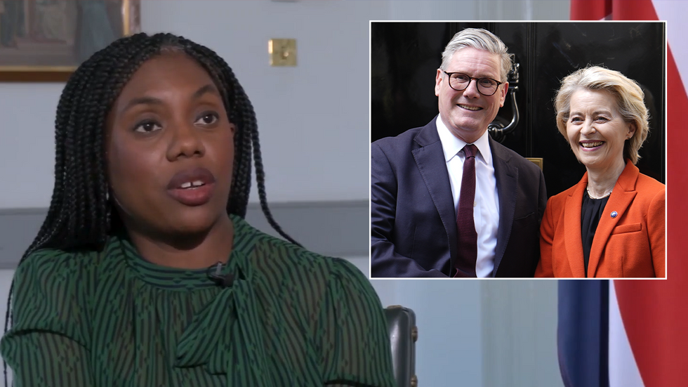 Kemi Badenoch with an inset image of Keir Starmer and Ursula von der Leyen