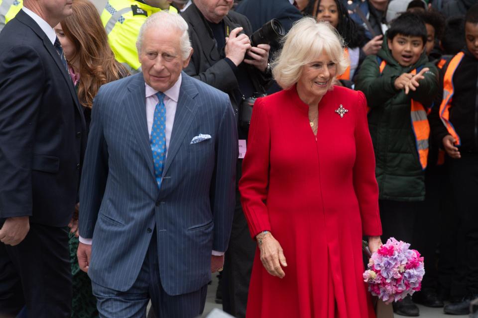 King Charles III and Queen Camilla departing the National Gallery after unveiling their Coronation Anniversary portraits.