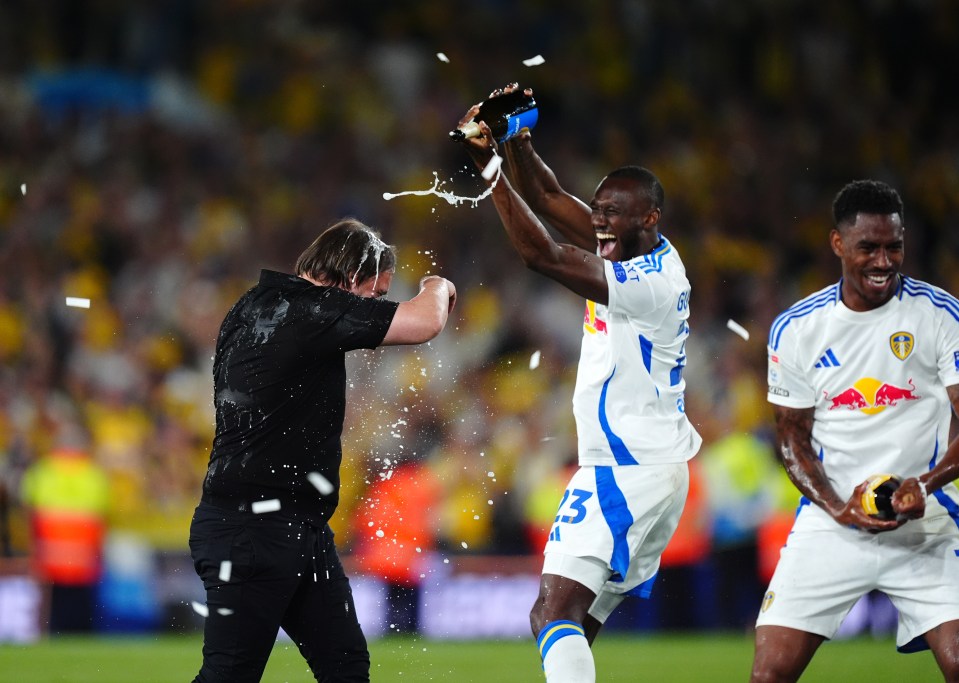 Leeds United manager Daniel Farke being sprayed with champagne by celebrating players.