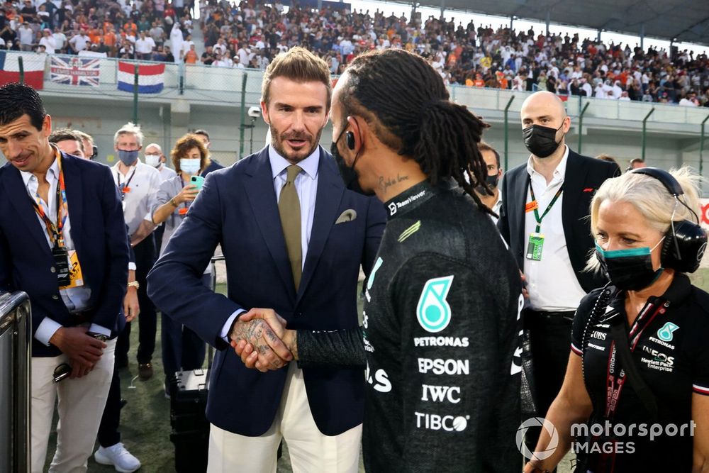 Lewis Hamilton, Mercedes, and David Beckham on the grid