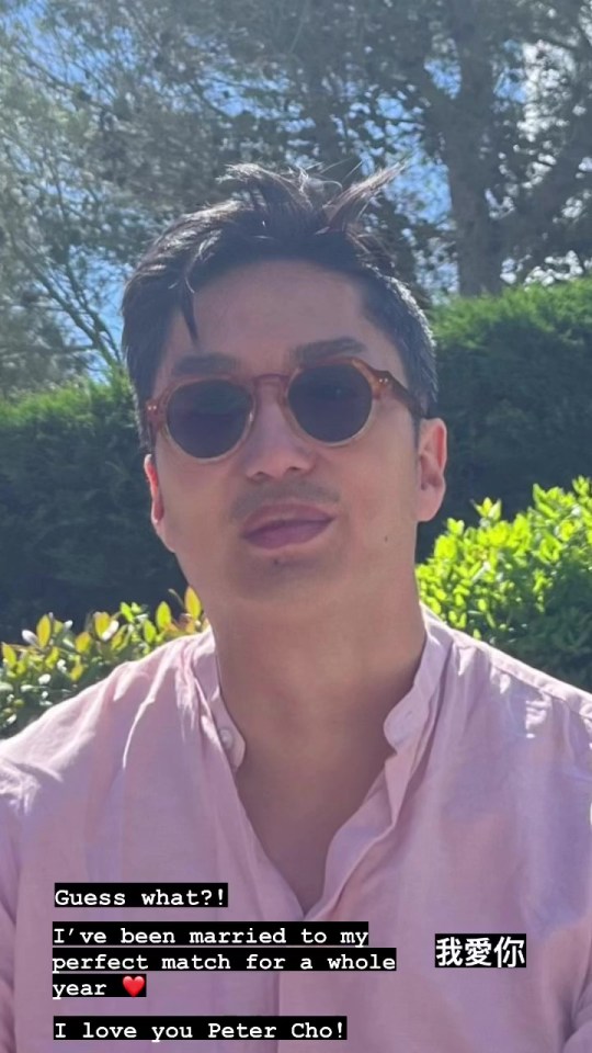 Man in sunglasses announces his first wedding anniversary.