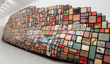 a large-scale installation along a white gallery wall, which looks like a giant slumped surface that is completely covered in a grid of tiny images