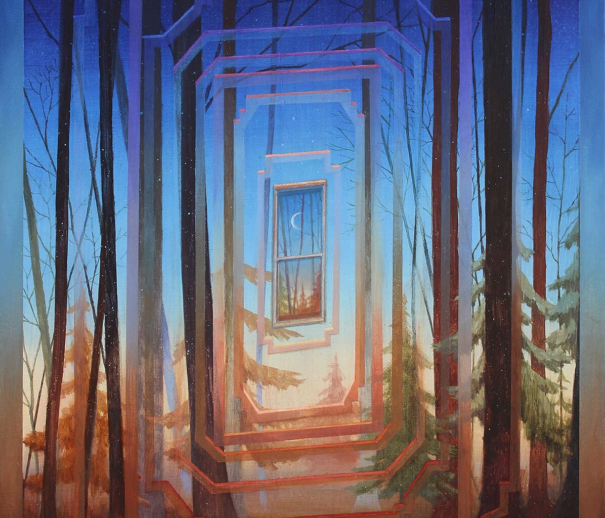 a painting of woods at dusk or twilight with a metaphysical arched reflection and lightforms around a window