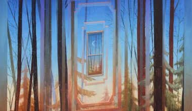 a painting of woods at dusk or twilight with a metaphysical arched reflection and lightforms around a window