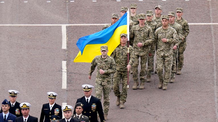 Members of the Ukrainian Armed Forces march, during the VE Day 80th anniversary parade, in London