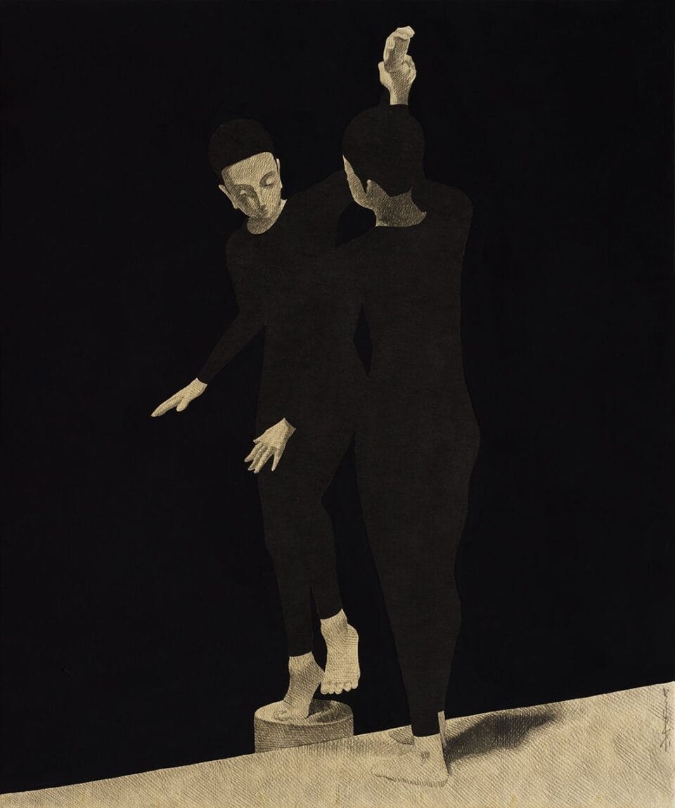 an ink drawing on paper of two figures in black garments against a dark background