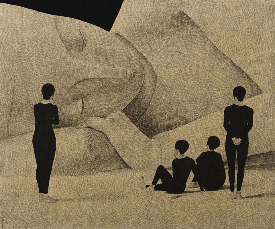 an ink drawing on paper of four figures in black garments in front of a large, sleeping figure