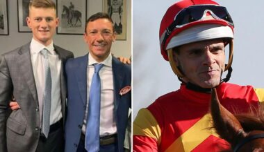 Explosive fight breaks out between two jockeys with one rushed to hospital for treatment after post-race bust-up