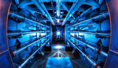 A light shines on laser preamplifiers at the National Ignition Facility.