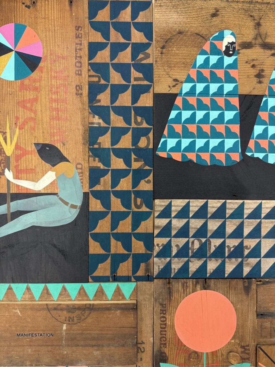 a painting on wood panel with various compartments delineated by geometric patterns and colors, with figures interacting in some of the compartments