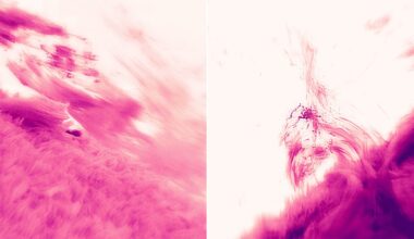 Abstract image split into two panels, each featuring swirling, cloud-like textures in shades of pink and white, creating a sense of motion and energy.