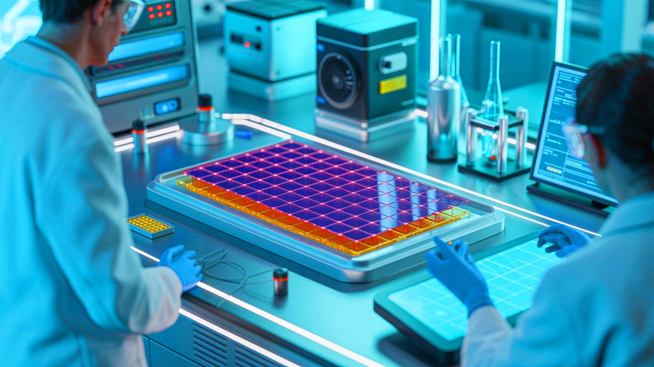 Illustration of next-generation betavoltaic cell with perovskite absorber layer and radioactive isotope electrode (AI-generated, unrealistic). Credit: Ideogram.