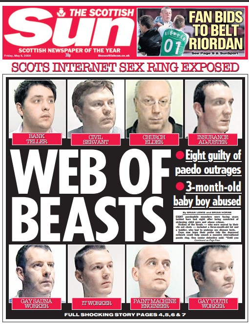 Scottish Sun newspaper front page reporting on eight men guilty of internet sex ring offenses, including the abuse of a 3-month-old baby.