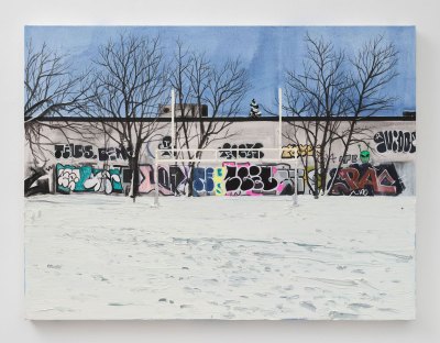 A landscape painting of a graffitied wall in winter with snow on the ground. 