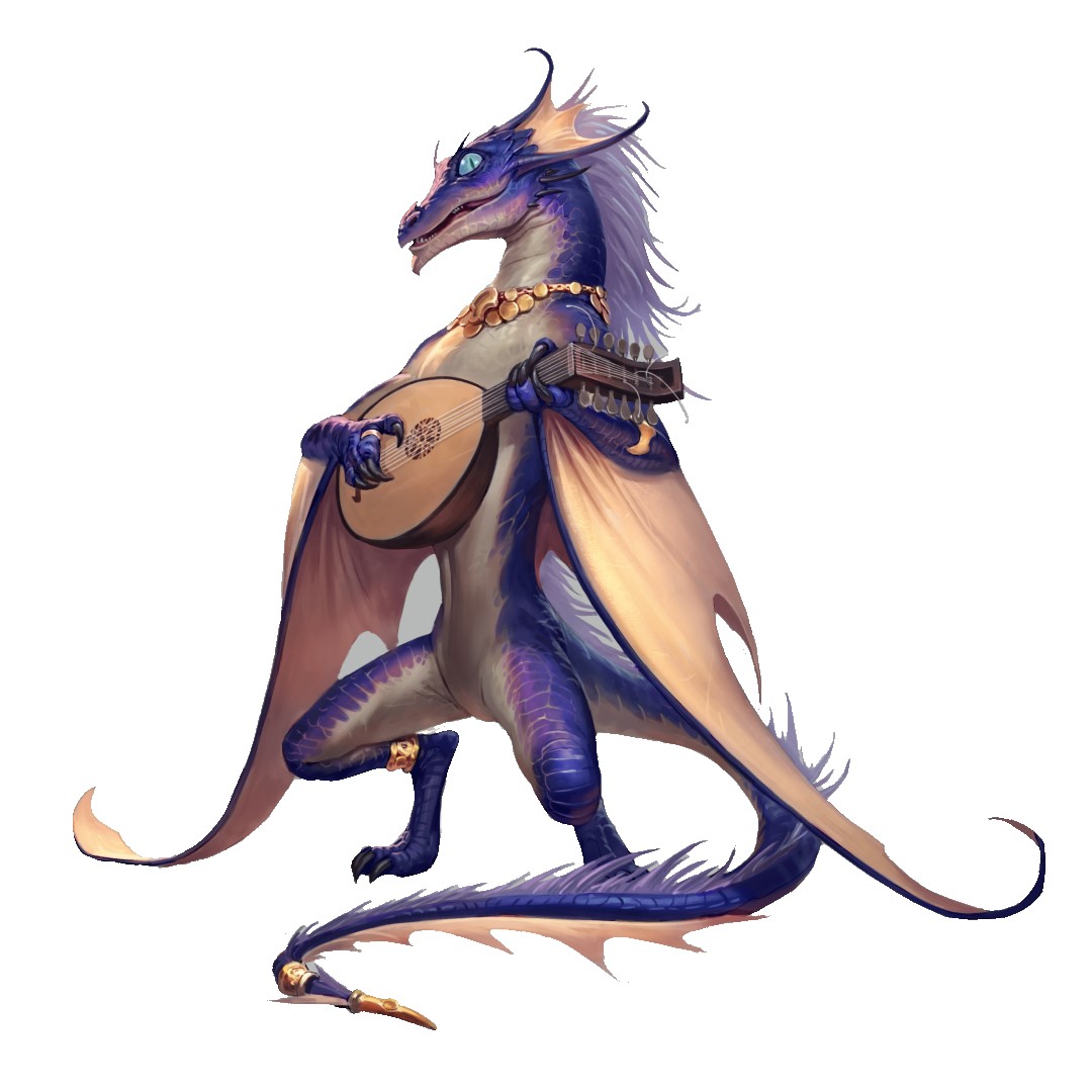 Paizo art of a homing drake strumming a lute, as seen in Pathfinder book Lost Omens: Draconic Codex