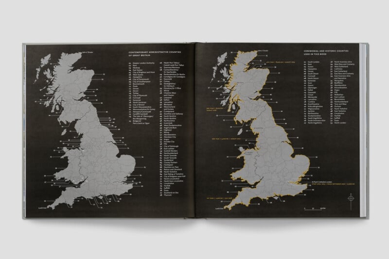 An open book shows two maps of Great Britain. The left map is labeled "Contemporary Administrative Counties" and the right map is labeled "Ceremonial and Historic Counties." Each map lists counties alongside.
