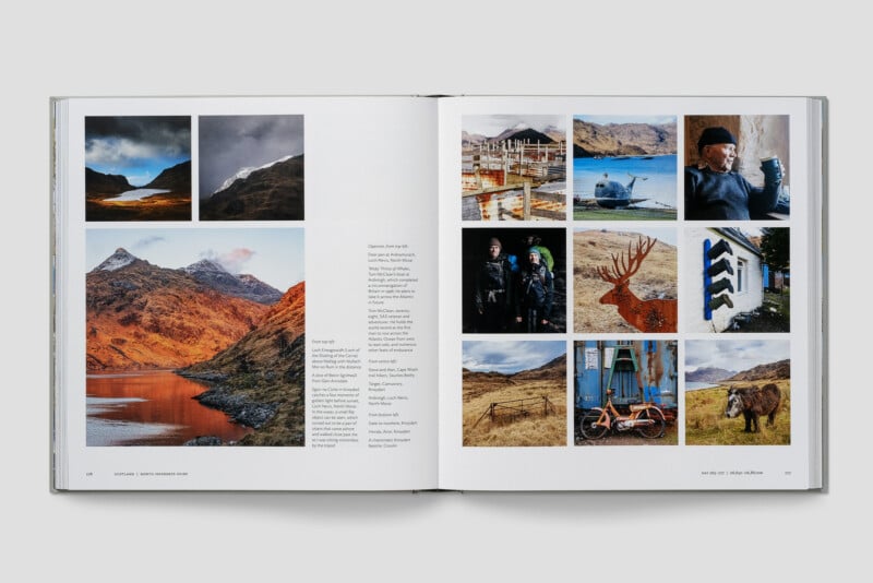 An open photo book displays landscape, harbor, wildlife, and portrait images from a rural, mountainous area, with a list of captions at the center fold and a white background.