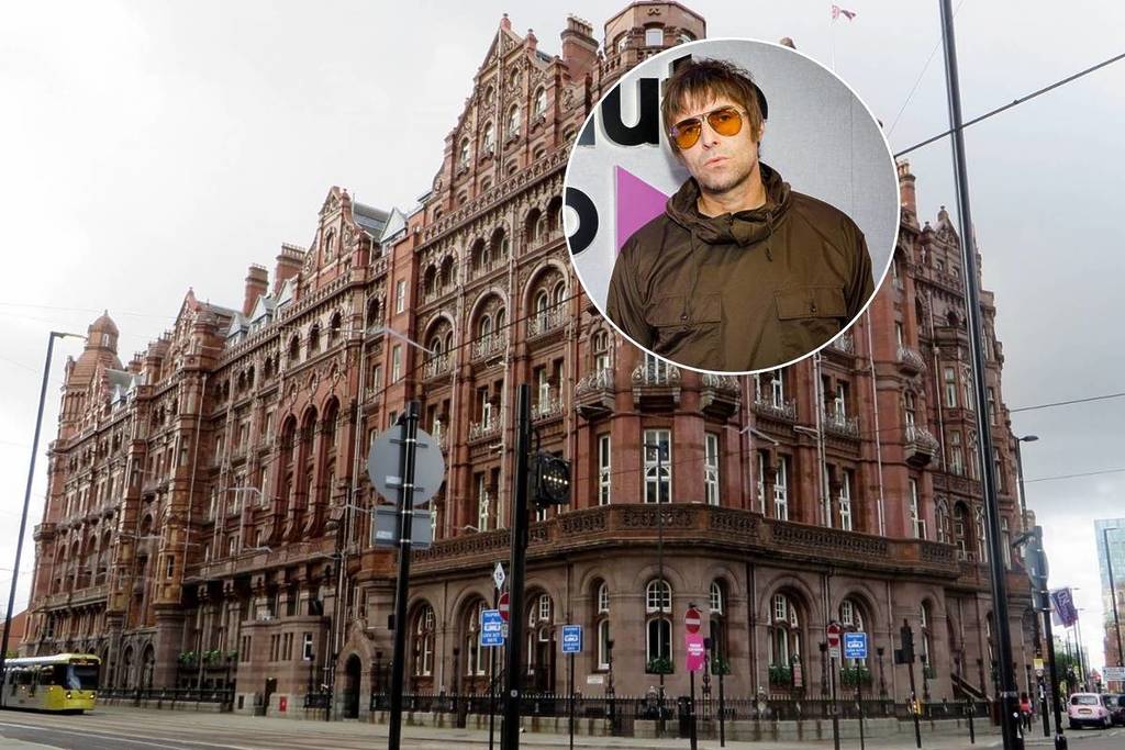 photo collage showing the outside of the midland hotel in manchester which features on musical routes map and liam gallagher with parka and sunglasses on in circle