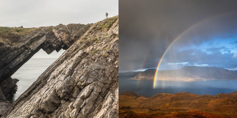 Left: A person stands atop a slanted rocky cliff with a triangular gap, overlooking the sea. Right: A bright rainbow arcs over a rugged landscape with hills and a lake under a dramatic sky.