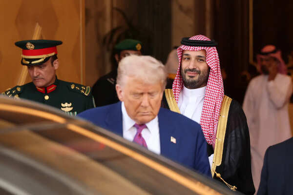 President Donald J. Trump leaves Saudi Royal Court with Saudi Crown Prince Mohammed bin Salman on May 13, 2025, in Riyadh, Saudi Arabia.