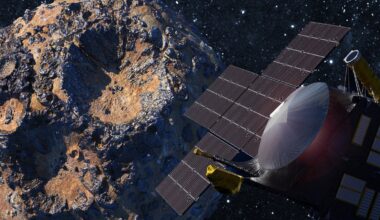 An illustration of the Psyche spacecraft and its asteroid